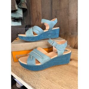 Korks by Kork-Ease Womens Blue Leather Wedge Sandals Platform Buckle Size 9 40.5